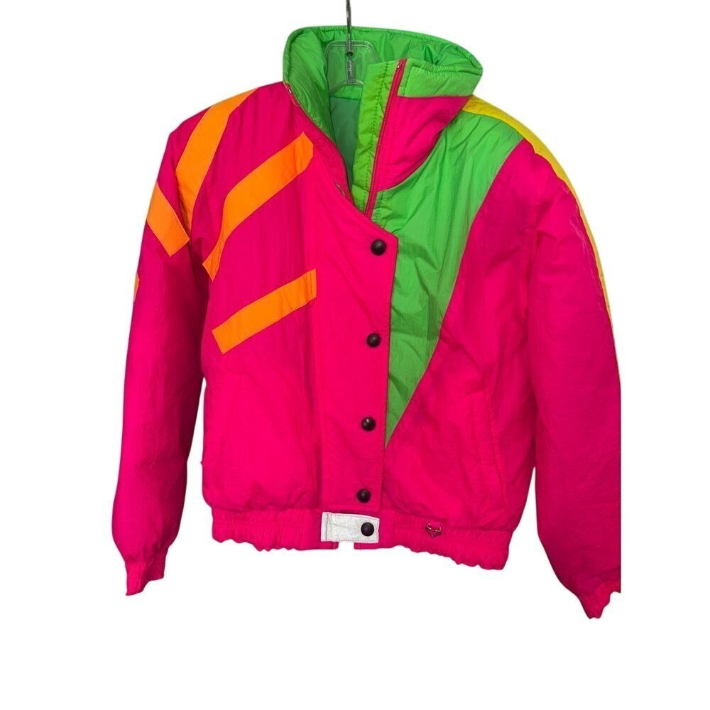 Vtg Obermeyer Junior 16 (W-SM) Neon Pink Green Orange Wind Breaking Ski Parka‎